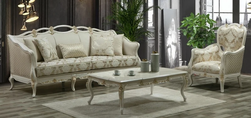 Casa Padrino Luxus Barock Wohnzimmer Sessel Gold / Weiß / Gold - Handgefertigter Barockstil Sessel mit elegantem Muster - Barock Wohnzimmer Möbel