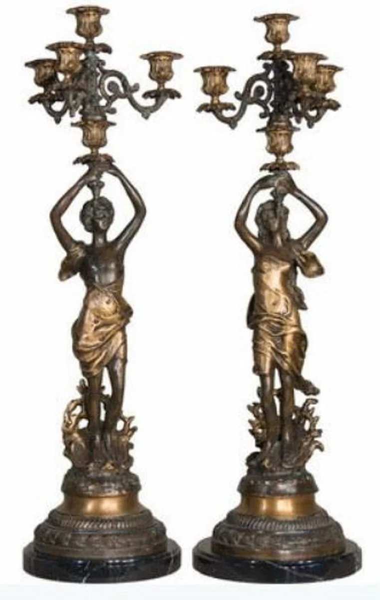 Casa Padrino Luxus Jugendstil Kerzenhalter Set Bronzefarben / Schwarz 23 x 20 x H. 69 cm - Elegante Bronze Kerzenständer mit Marmorsockel - Barock & Jugendstil Deko Accessoires