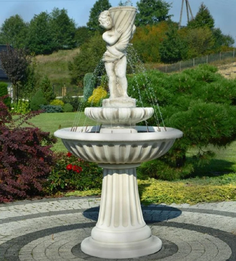 Casa Padrino Jugendstil Springbrunnen Junge mit Füllhorn Grau Ø 92 x H. 172 cm - Prunkvoller Gartenbrunnen - Gartendeko Brunnen - Barock & Jugendstil Garten Deko Accessoires