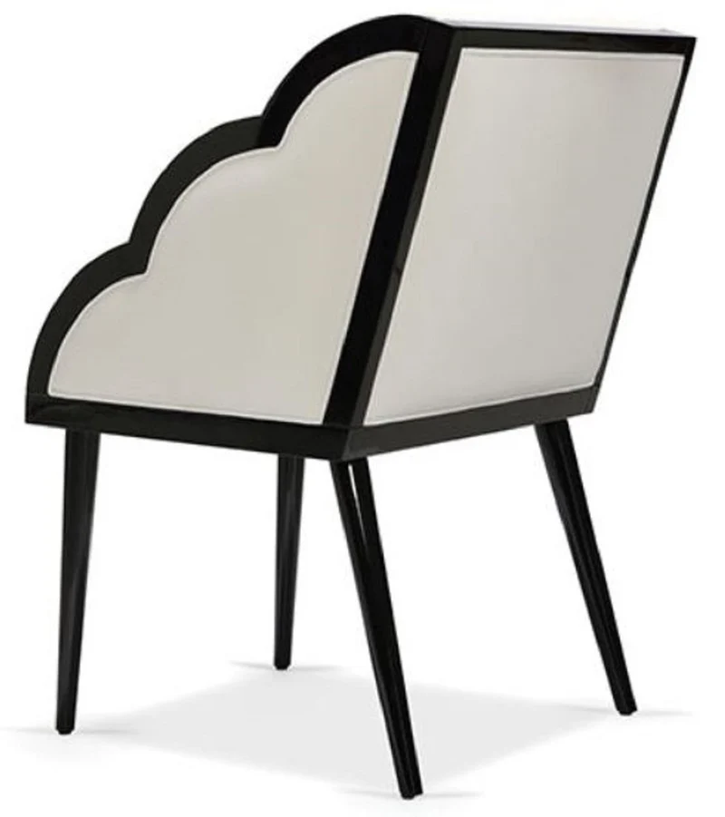 Casa Padrino Luxus Art Deco Esszimmerstuhl mit Armlehnen Weiß / Schwarz 61 x 67 x H. 89 cm - Edler Massivholz Küchenstuhl mit Samtstoff - Art Deco Esszimmer Möbel - Luxus Qualität