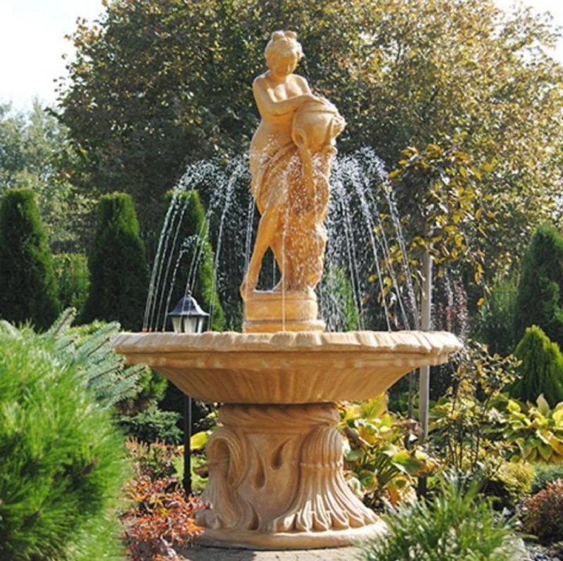 Casa Padrino Jugendstil Springbrunnen Frau mit Krug Beige Ø 155 x H. 218 cm - Prunkvoller Gartenbrunnen - Gartendeko Brunnen - Barock & Jugendstil Garten Deko Accessoires