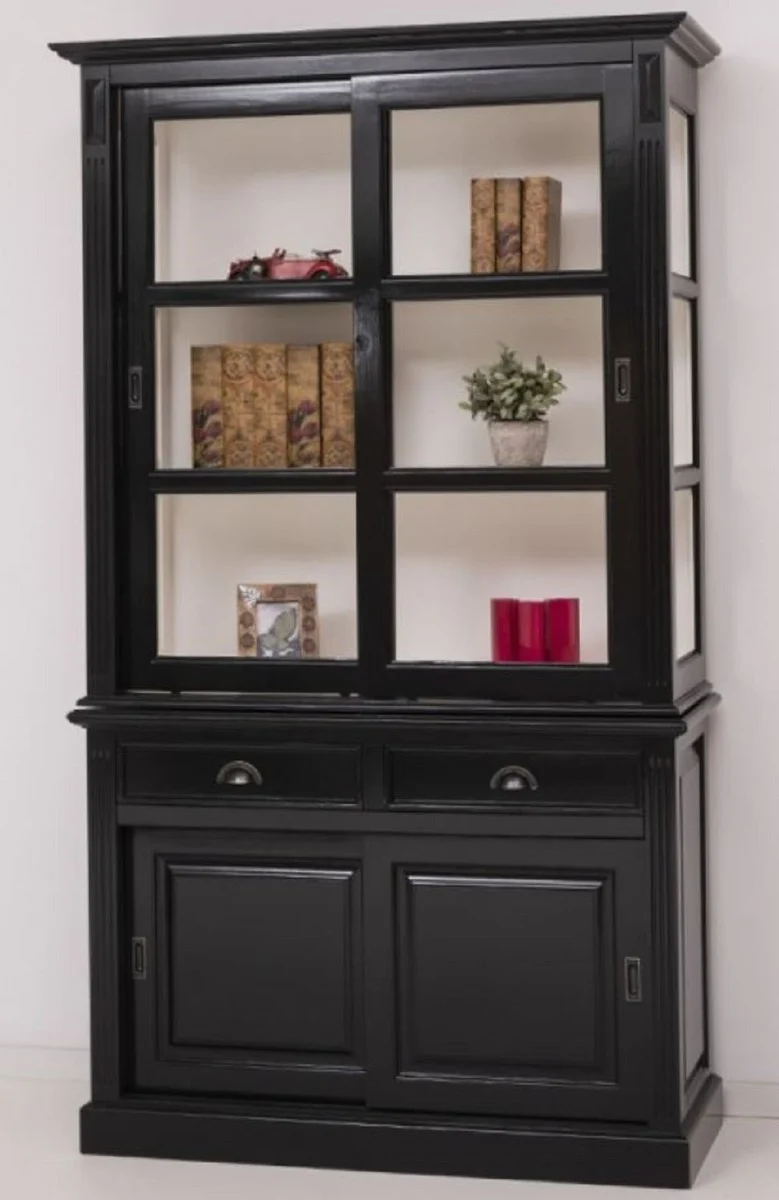 Casa Padrino Landhausstil Schrank Schwarz / Weiß 128 x 51 x H. 220 cm - Massivholz Vitrine mit 4 Schiebetüren und 2 Schubladen - Landhausstil Massivholz Möbel