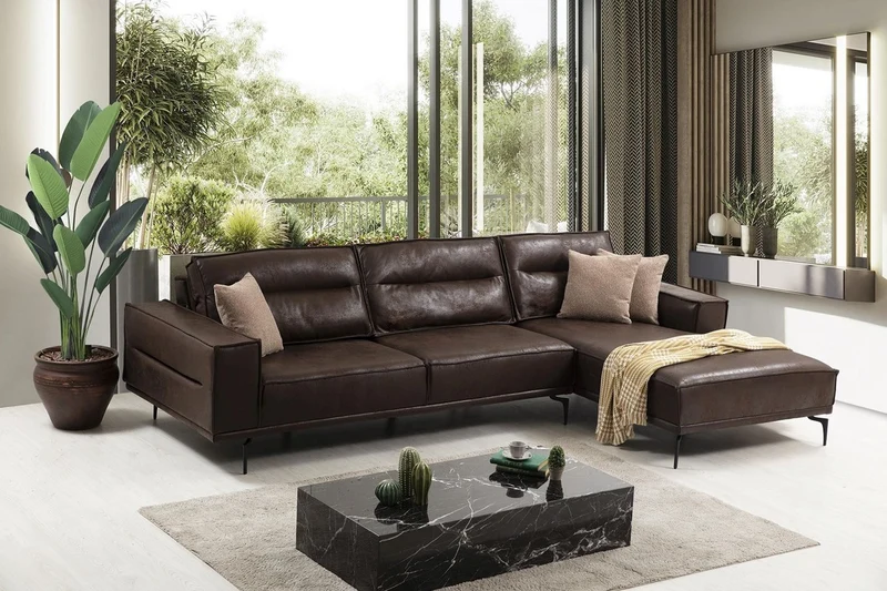 Casa Padrino Luxus Ecksofa Braun / Schwarz 305 x 185 cm - Modernes Wohnzimmer Sofa mit Nubuk Kunstleder - Luxus Schlafsofa - Luxus Wohnzimmer Möbel