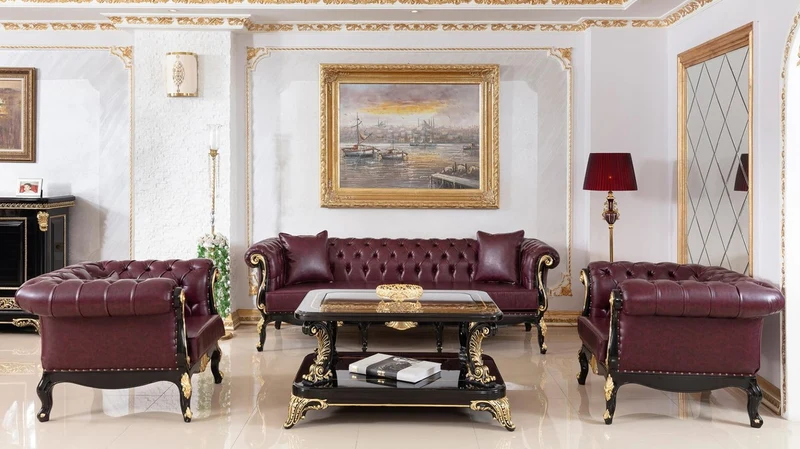 Casa Padrino Luxus Barock Chesterfield Sofa Bordeauxrot / Schwarz / Gold - Prunkvolles Wohnzimmer Sofa mit edlem Kunstleder - Barock Chesterfield Wohnzimmer Möbel