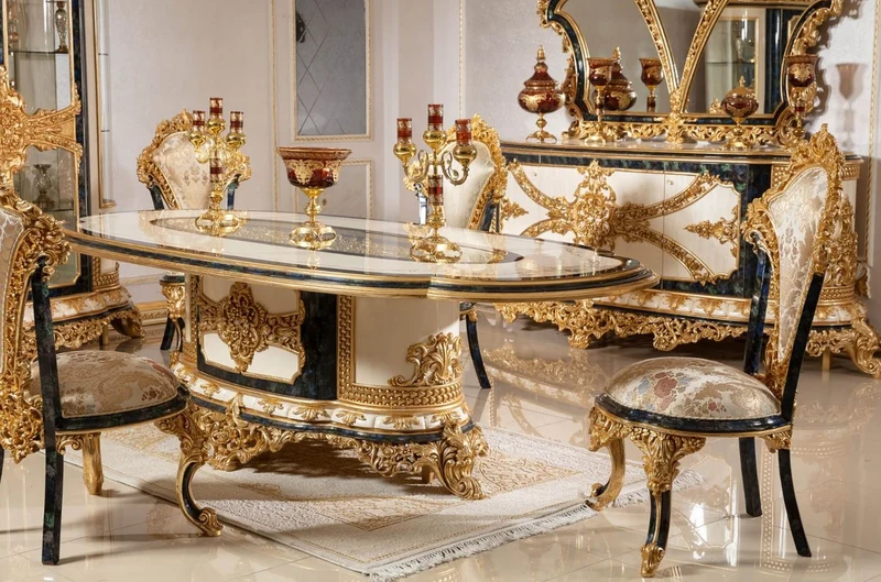 Casa Padrino Luxus Barock Esszimmerstuhl Set Mehrfarbig / Blau / Gold - Handgefertigtes Küchen Stühle 6er Set mit elegantem Muster - Barock Esszimmer Möbel - Edel & Prunkvoll
