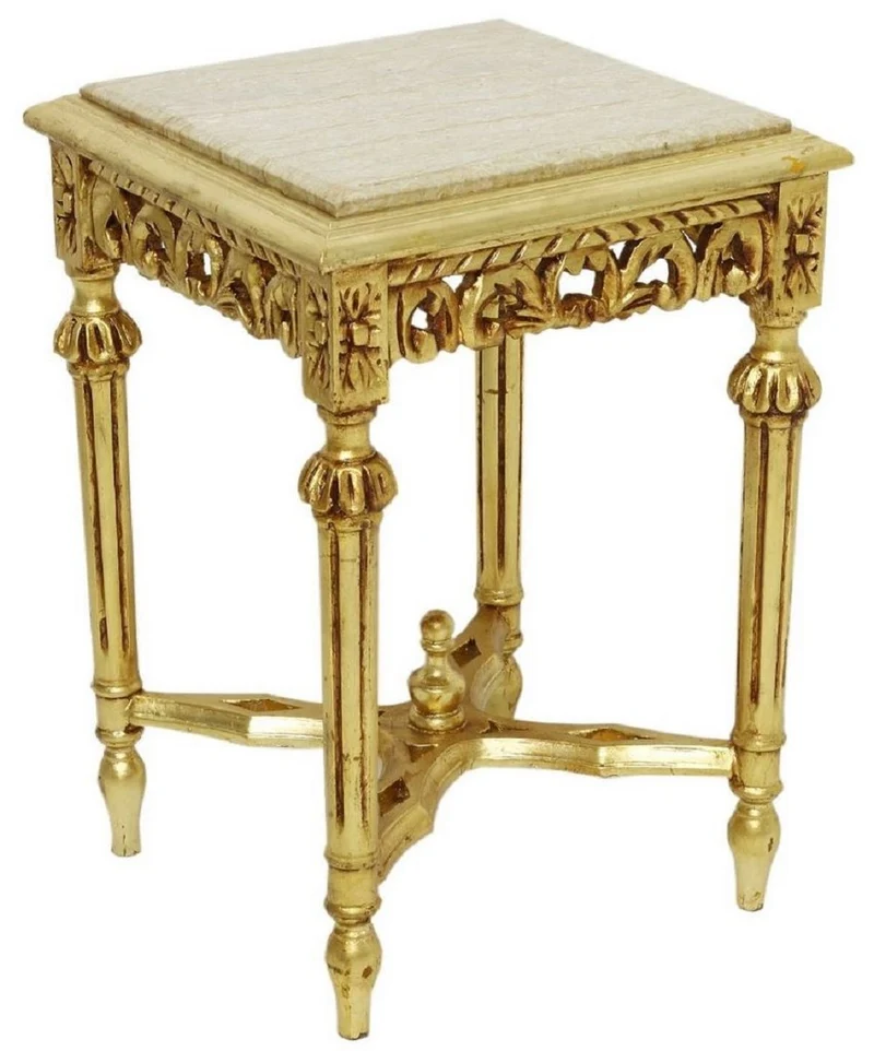 Casa Padrino Barock Beistelltisch Gold / Cremefarben - Prunkvoller Massivholz Tisch mit Marmorplatte - Barock Wohnzimmer Möbel