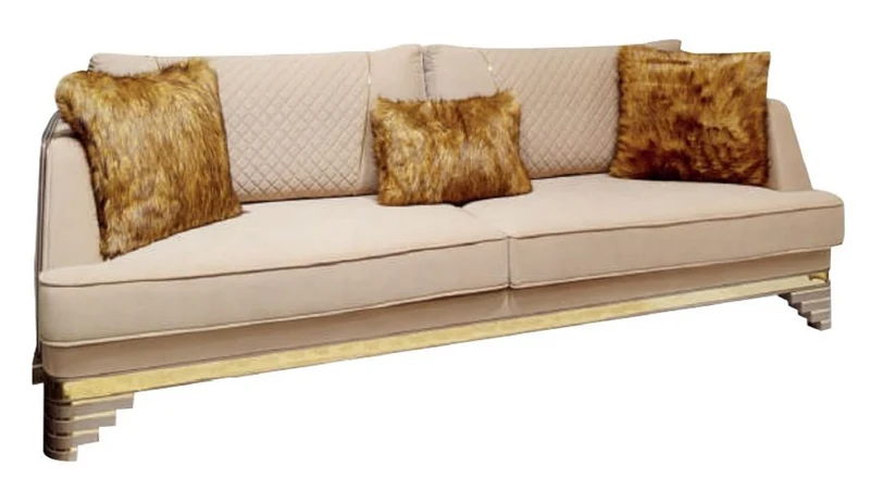 Casa Padrino Luxus Art Deco Sofa Beige / Lila / Grau / Gold - Edles Wohnzimmer Sofa mit Marmoroptik - Luxus Art Deco Wohnzimmer & Hotel Möbel