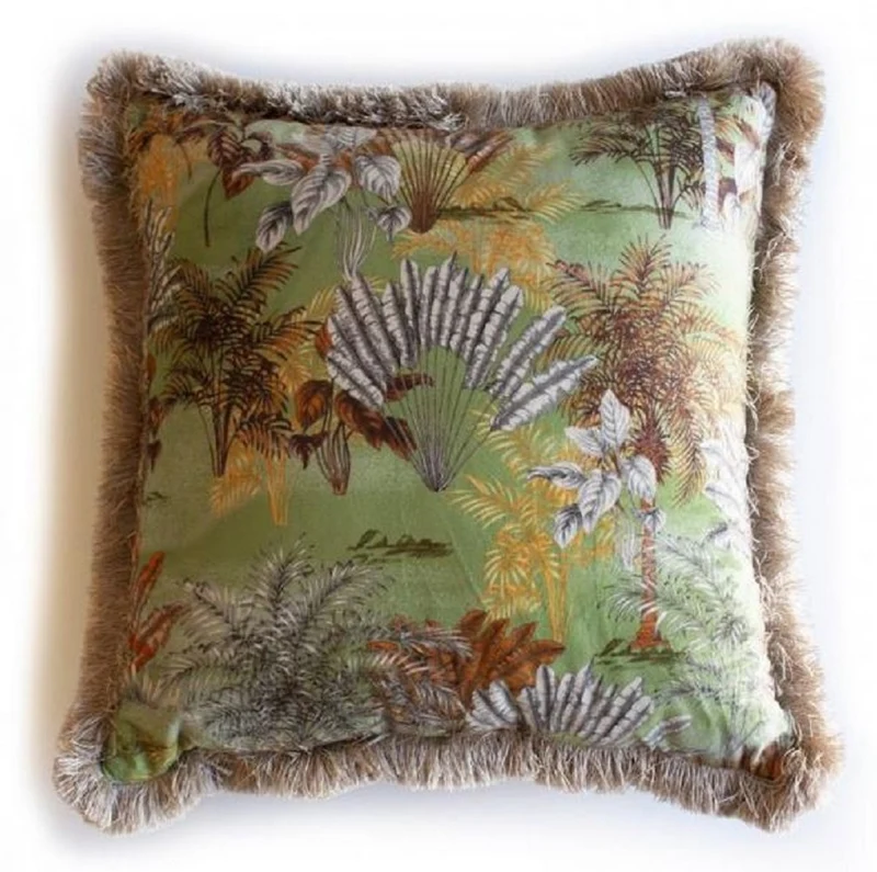 Casa Padrino Luxus Deko Kissen Dschungel Design Grün / Mehrfarbig / Braun 45 x 45 cm - Bedrucktes Samt Kissen mit Fransen - Deko Accessoires