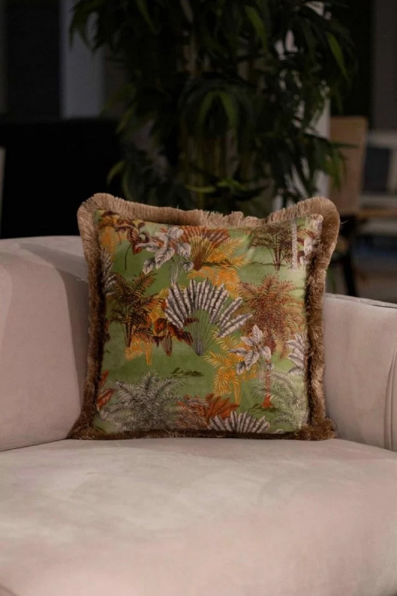 Casa Padrino Luxus Deko Kissen Dschungel Design Grün / Mehrfarbig / Braun 45 x 45 cm - Bedrucktes Samt Kissen mit Fransen - Deko Accessoires