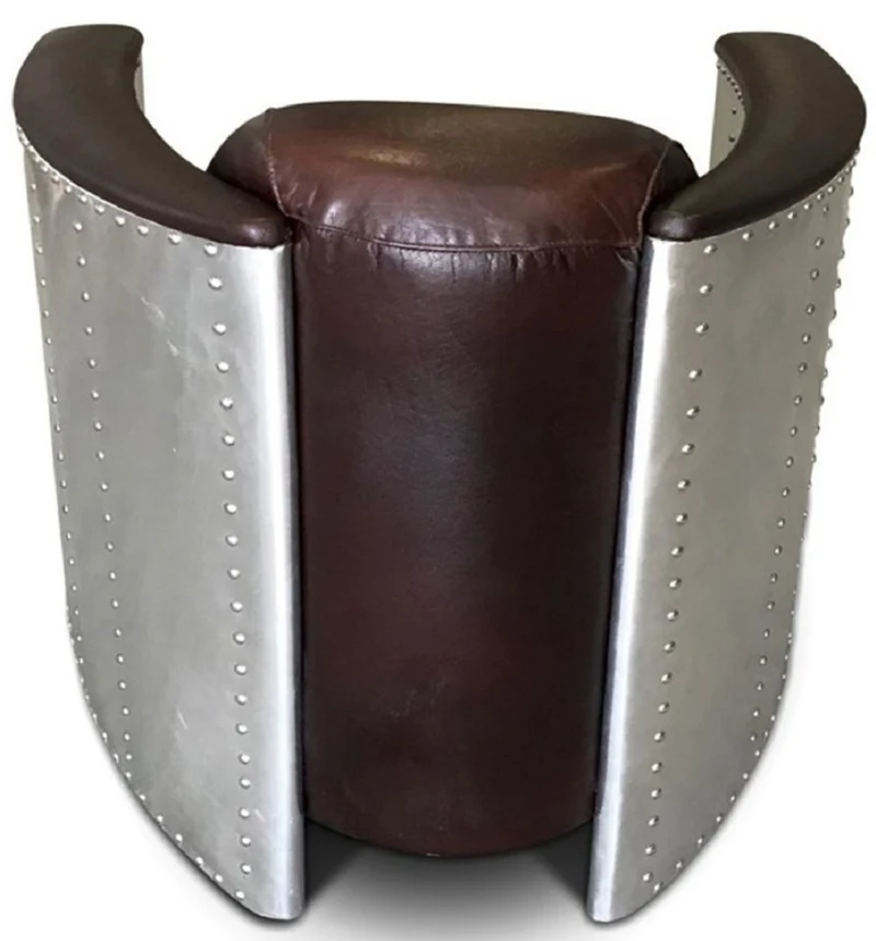Casa Padrino Luxus Art Deco Leder Sessel 80 x 95 x H. 90 cm - Verschiedene Farben - Aluminium Wohnzimmer Sessel mit Echtleder - Aluminium Flugzeug Flieger Sessel Möbel