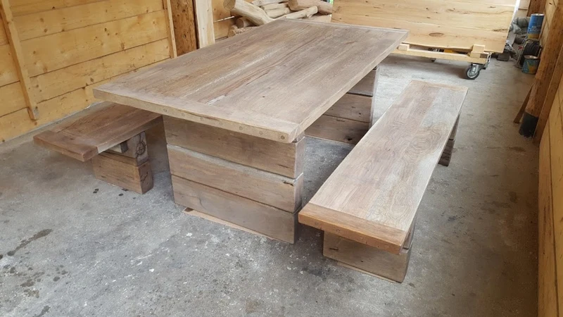 Casa Padrino Gartenmöbel Set Rustikal - Tisch + 2 Garten Bänke (Länge 200 cm) - Eiche Massivholz - Echtholz Möbel Massiv