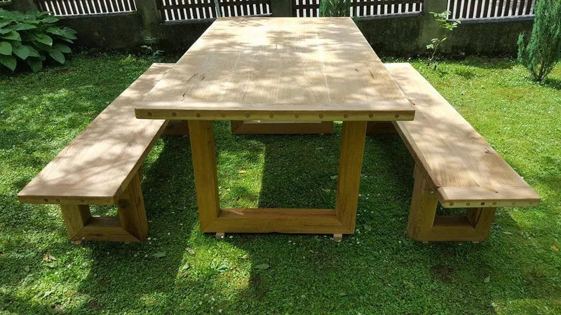 Casa Padrino Gartenmöbel Set Rustikal mit A-Gestell - Tisch + 2 Garten Bänke (Länge: 200 cm) - Eiche Massivholz