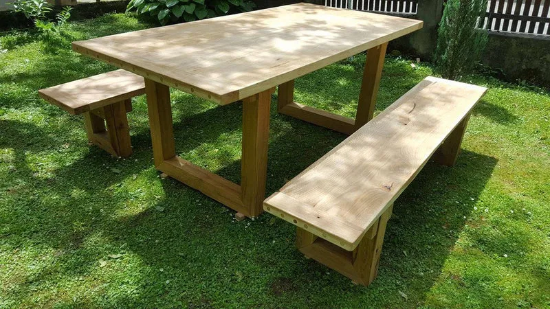 Casa Padrino Gartenmöbel Set Rustikal mit A-Gestell - Tisch + 2 Garten Bänke (Länge: 200 cm) - Eiche Massivholz