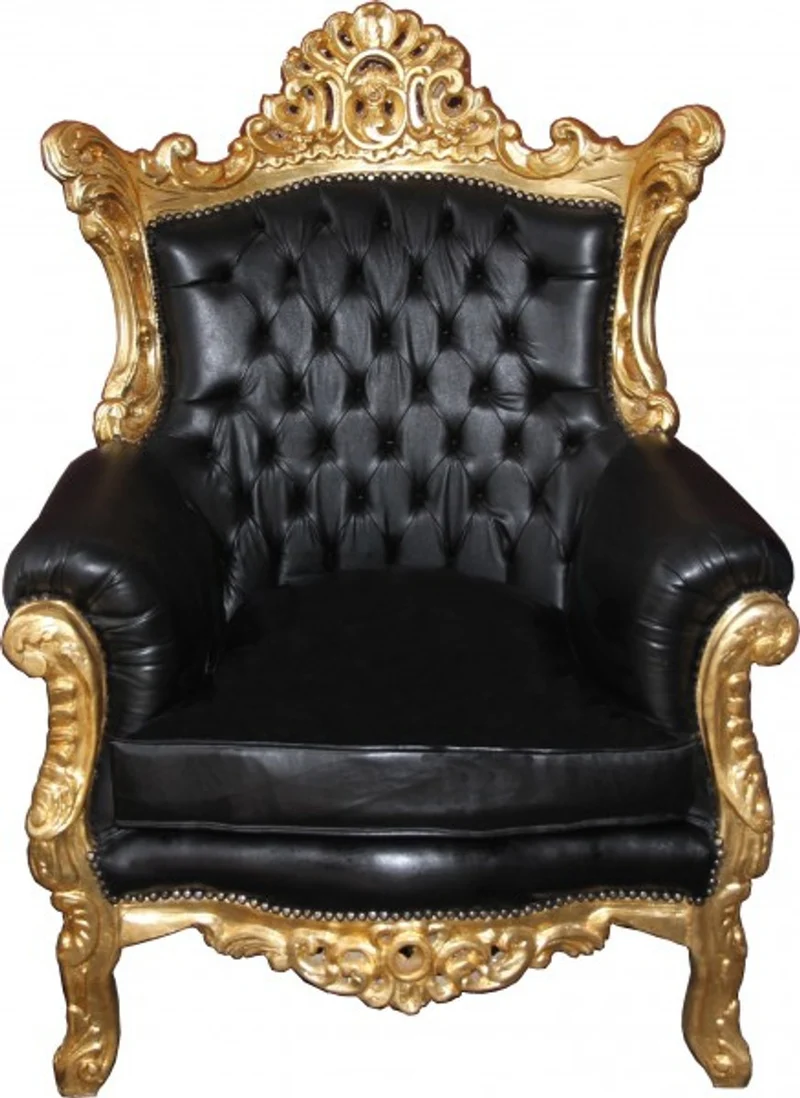 Casa Padrino Barock Sessel Al Capone im Antik Stil in Schwarz Lederoptik und Gold - 128 x 90 x 80 cm