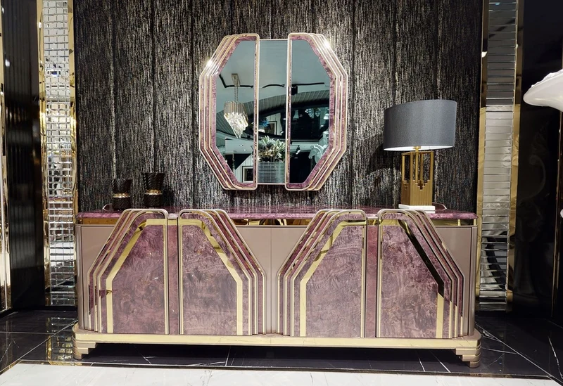 Casa Padrino Luxus Art Deco Wandspiegel Lila / Gold - Massivholz Spiegel mit Marmoroptik - Luxus Art Deco Wohnzimmer & Hotel Möbel