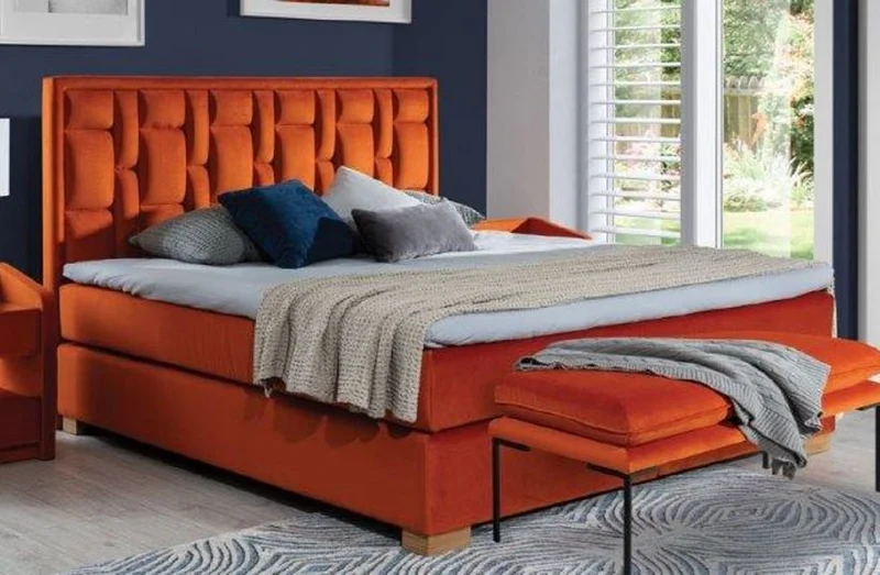 Casa Padrino Luxus Doppelbett Orange / Naturfarben - Verschiedene Größen - Modernes Massivholz Bett mit Kopfteil - Moderne Schlafzimmer Möbel - Luxus Kollektion