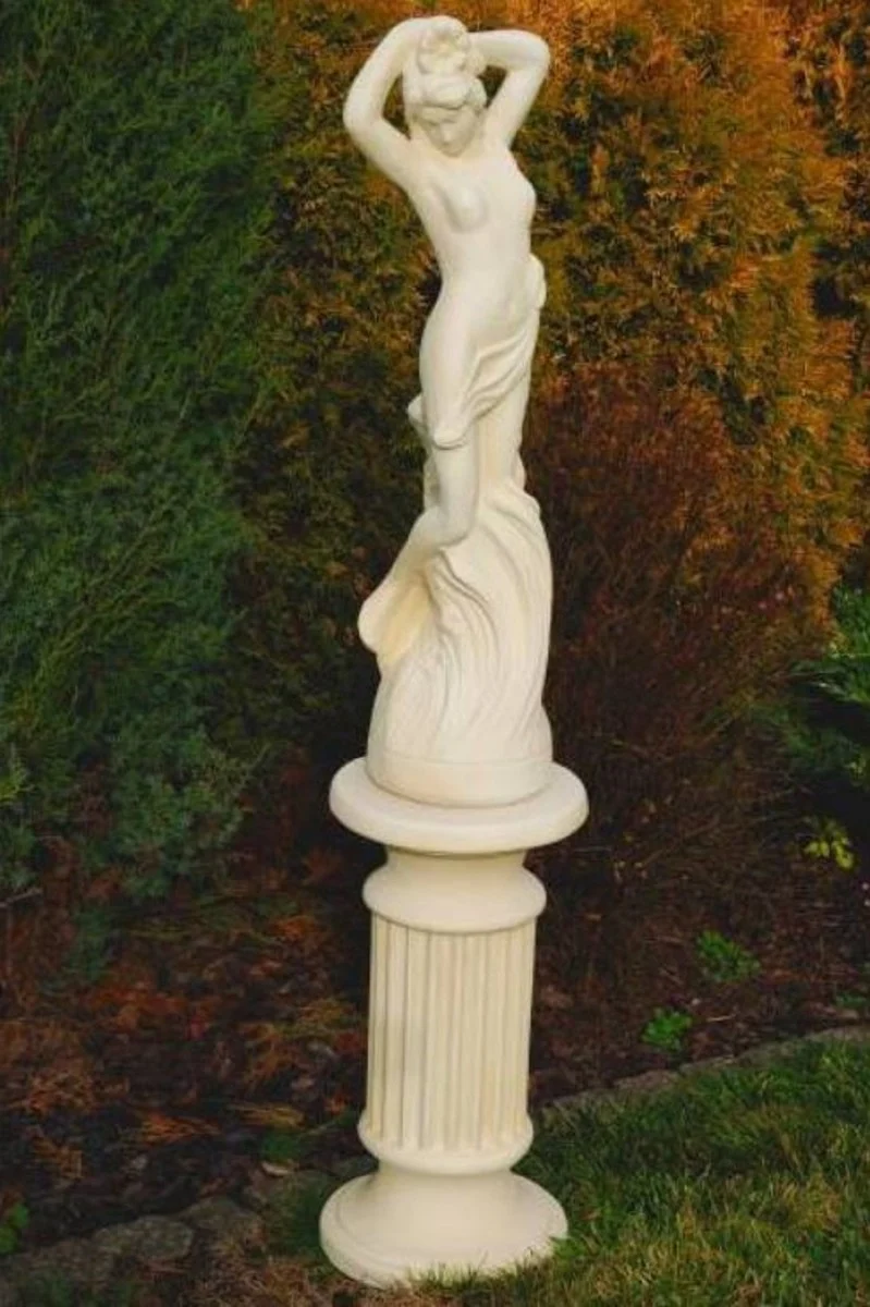 Casa Padrino Jugendstil Garten Deko Skulptur Frau auf Säule Sandfarben H. 161 cm - Elegante Garten Deko Stein Figur mit Säule - Barock & Jugendstil Garten Deko Accessoires