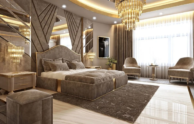 Casa Padrino Luxus Art Deco Schlafzimmer Set Grau / Weiß / Gold - 1 Doppelbett mit Kopfteil & 2 Nachttische - Art Deco Schlafzimmer & Hotel Möbel - Luxus Kollektion