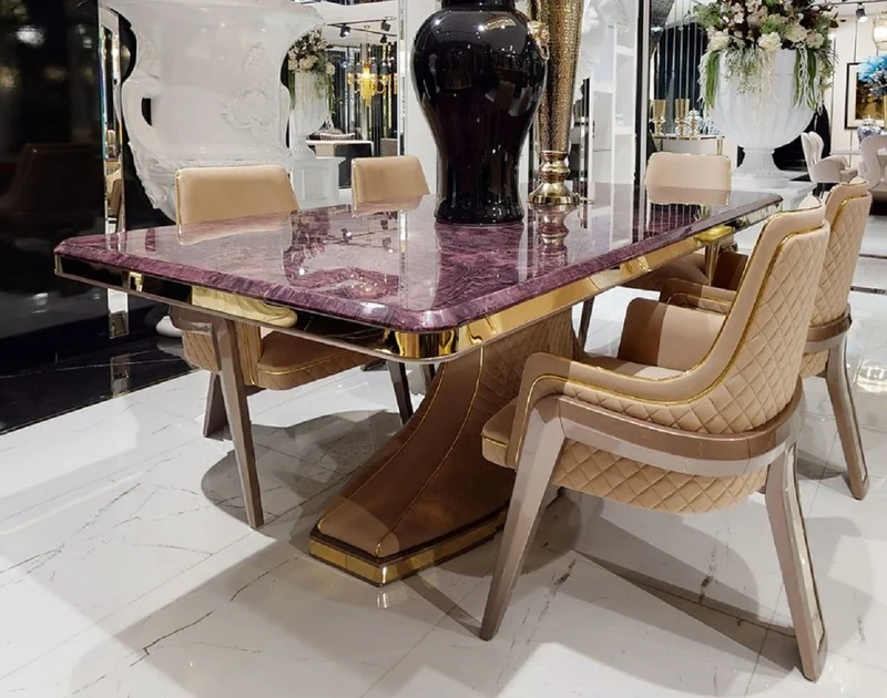 Casa Padrino Luxus Art Deco Esstisch Lila / Beige / Gold - Handgefertigter Massivholz Küchentisch mit Tischplatte in Marmoroptik - Art Deco Esszimmer Möbel