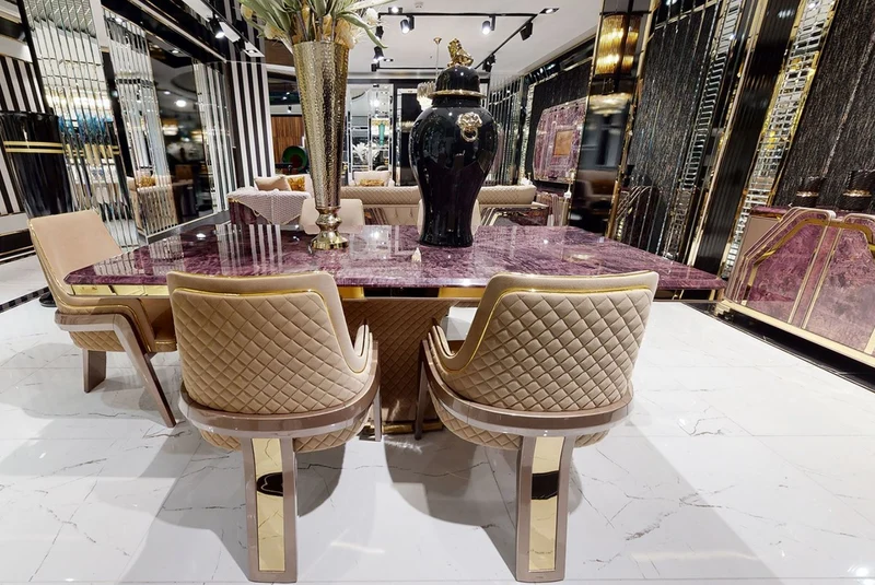 Casa Padrino Luxus Art Deco Esstisch Lila / Beige / Gold - Handgefertigter Massivholz Küchentisch mit Tischplatte in Marmoroptik - Art Deco Esszimmer Möbel