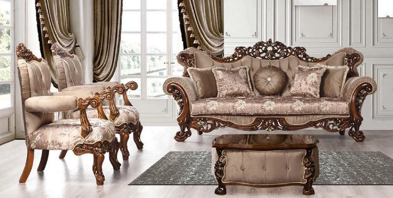 Casa Padrino Luxus Barock Wohnzimmer Set Grau / Braun / Gold - 2 Barock Sofas mit Muster & 2 Barock Sessel mit Muster & 1 Barock Couchtisch - Barock Wohnzimmer Möbel