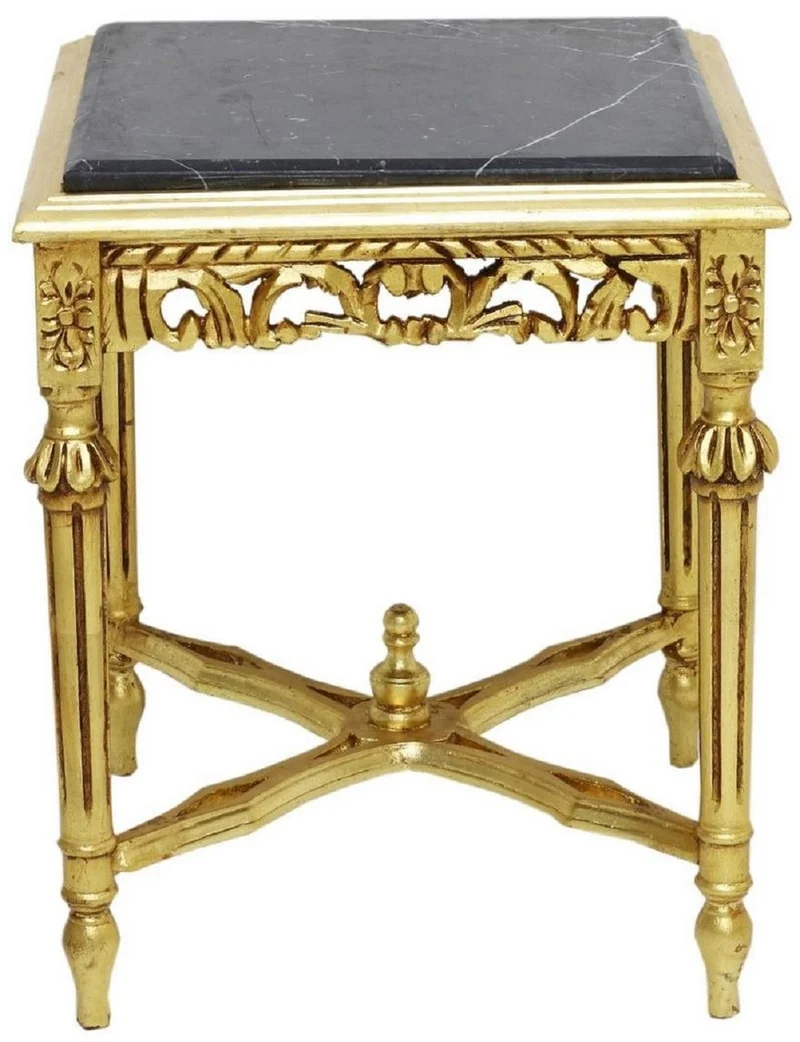 Casa Padrino Barock Beistelltisch Gold / Schwarz - Handgefertigter Massivholz Tisch mit Marmorplatte - Barock Wohnzimmer Möbel