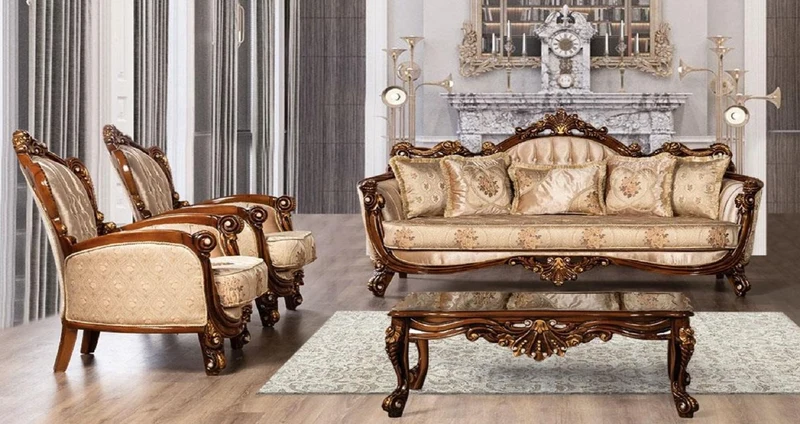 Casa Padrino Luxus Barock Wohnzimmer Set Beige / Braun / Gold - 2 Barock Sofas & 2 Barock Sessel & 1 Barock Couchtisch - Barock Wohnzimmer Möbel