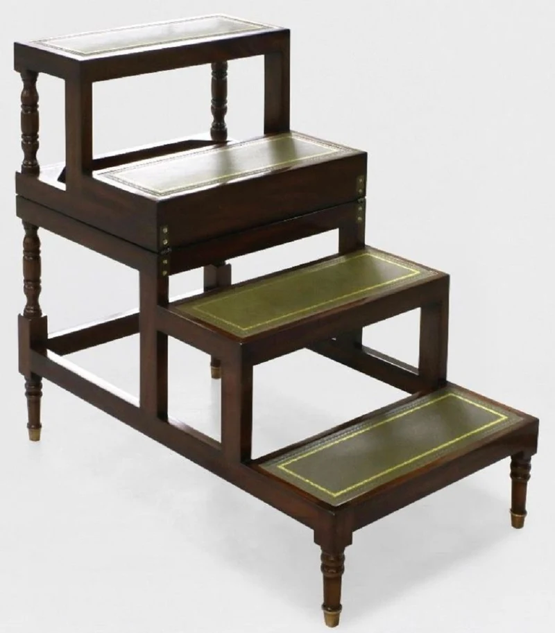 Casa Padrino Luxus Jugendstil Couchtisch Dunkelbraun / Grün / Gold - Ausklappbare Massivholz Bibliothekstreppe mit Echtleder - Jugendstil Wohnzimmer Möbel - Edel & Prunkvoll