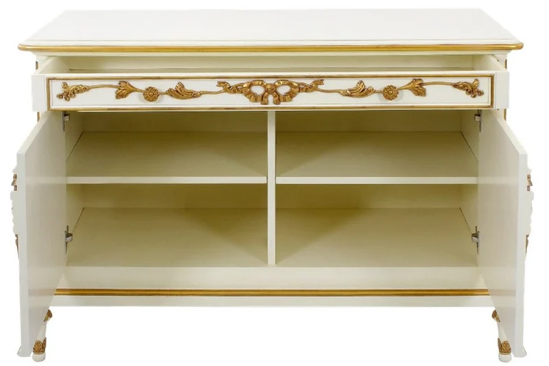 Casa Padrino Luxus Barock Sideboard Cremefarben / Weiß / Gold - Prunkvoller Massivholz Schrank mit 2 Türen und Schublade - Barock Möbel