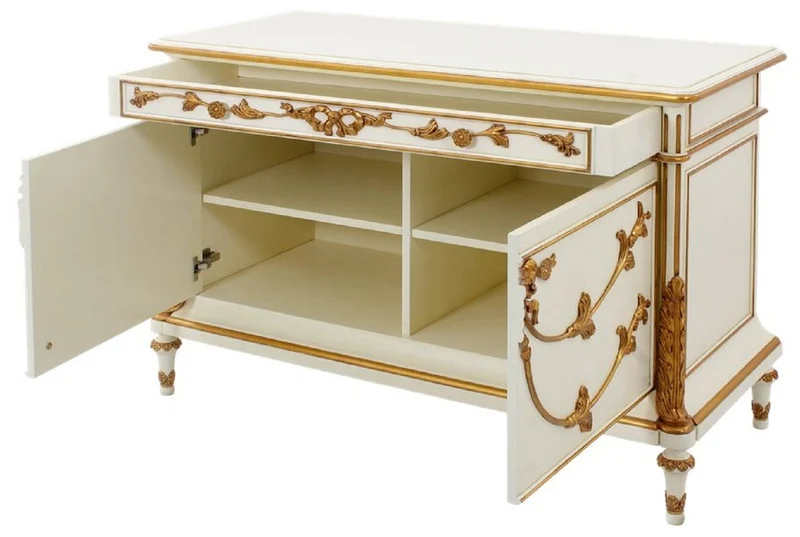 Casa Padrino Luxus Barock Sideboard Cremefarben / Weiß / Gold - Prunkvoller Massivholz Schrank mit 2 Türen und Schublade - Barock Möbel
