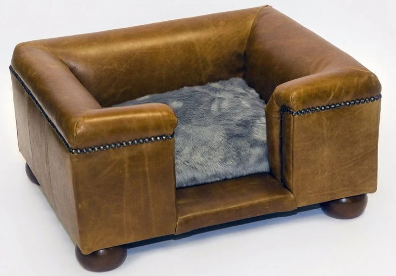 Casa Padrino Luxus Leder Hundebett Vintage Braun / Dunkelbraun / Grau 65 x 55 x H. 31 cm - Rechteckiges Echtleder Hundebett - Luxus Echtleder Tiermöbel