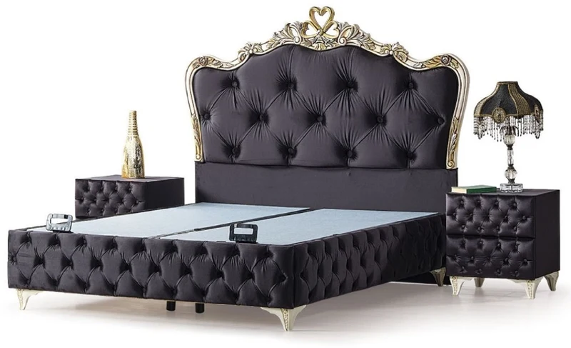 Casa Padrino Luxus Barock Schlafzimmer Möbel Set Schwarz / Cremefarben / Gold - Verschiedene Größen - 1 Barock Doppelbett mit Matratze & 2 Barock Nachtkommoden - Barock Schlafzimmer & Hotel Möbel