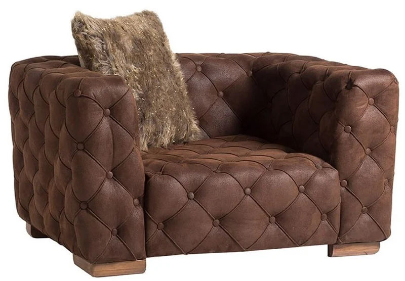 Casa Padrino Luxus Chesterfield Sessel Braun / Hellbraun 125 x 95 x H. 81 cm - Moderner Chesterfield Wohnzimmer Sessel - Luxus Chesterfield Wohnzimmer Möbel