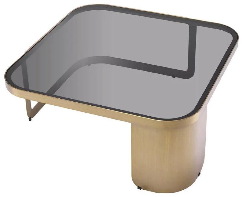 Casa Padrino Luxus Couchtisch Messingfarben / Grau 90,5 x 90,5 x H. 38,5 cm - Edelstahl Wohnzimmertisch mit Glasplatte - Wohnzimmer Möbel - Luxus Möbel