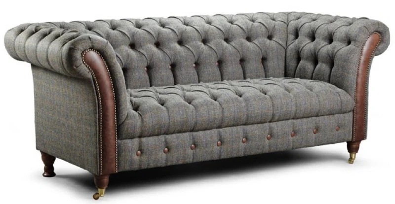 Casa Padrino Luxus Chesterfield 2er Sofa Grau / Dunkelbraun 200 x 95 x H. 85 cm - Wohnzimmer Sofa mit Echtleder - Chesterfield Wohnzimmer Möbel