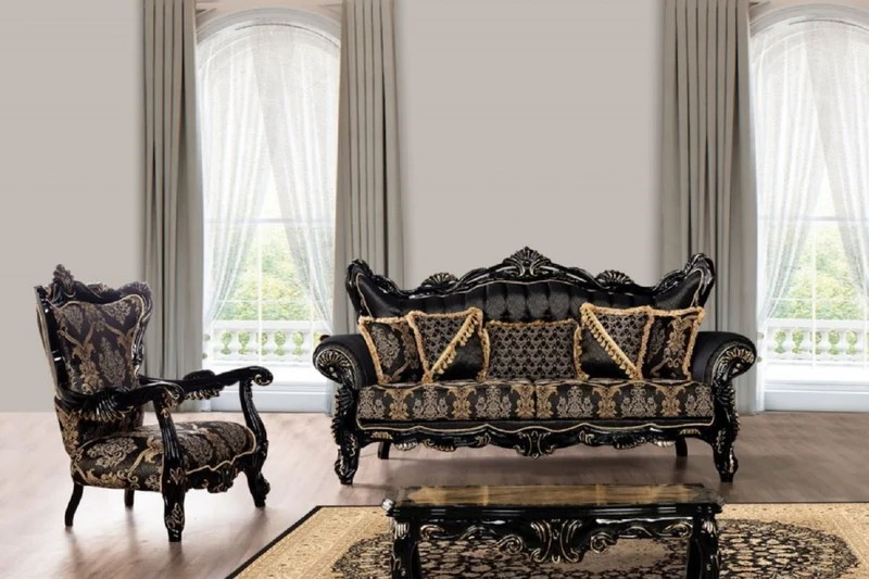 Casa Padrino Luxus Barock Wohnzimmer Sessel Schwarz / Gold - Prunkvoller Sessel mit elegantem Muster - Handgefertigte Barock Wohnzimmer Möbel