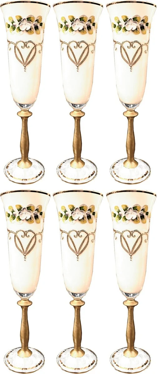 Casa Padrino Luxus Jugendstil Champagnerglas 6er Set Weiß / Mehrfarbig / Gold - Handgefertigte und handgravierte Champagnergläser mit 24 Karat Vergoldung - Hotel & Restaurant Accessoires