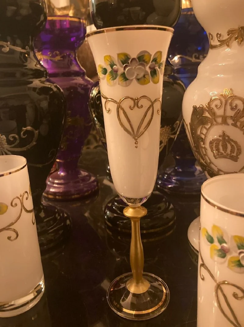 Casa Padrino Luxus Jugendstil Champagnerglas 6er Set Weiß / Mehrfarbig / Gold - Handgefertigte und handgravierte Champagnergläser mit 24 Karat Vergoldung - Hotel & Restaurant Accessoires