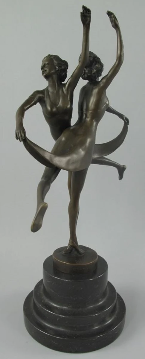 Casa Padrino Luxus Jugendstil Bronze Skulptur Tänzerinnen mit Marmorsockel Bronzefarben / Schwarz 24 x 13 x H. 36 cm - Bronzefigur - Dekofigur - Deko Accessoires