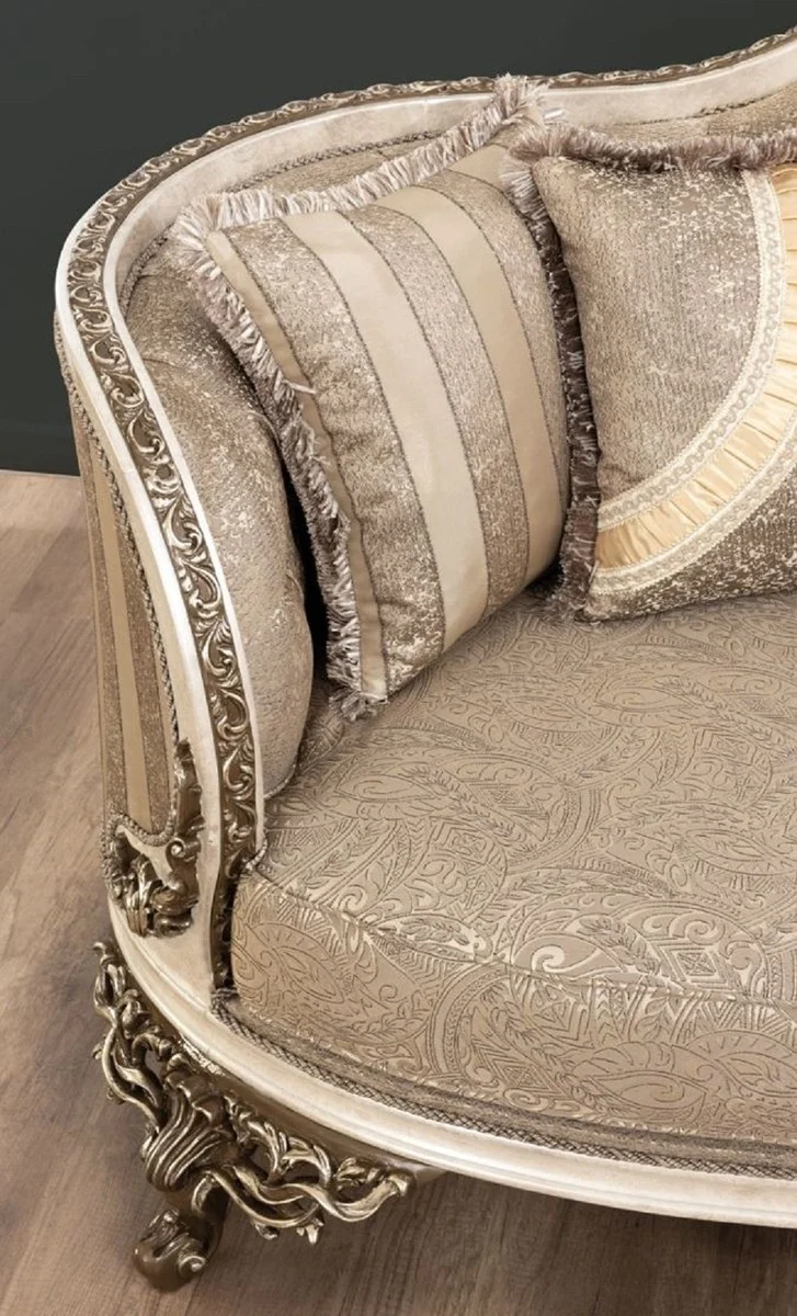Casa Padrino Luxus Barock Sofa Beige / Cremefarben / Braun / Gold - Prunkvolles Wohnzimmer Sofa mit elegantem Muster - Barock Wohnzimmer Möbel