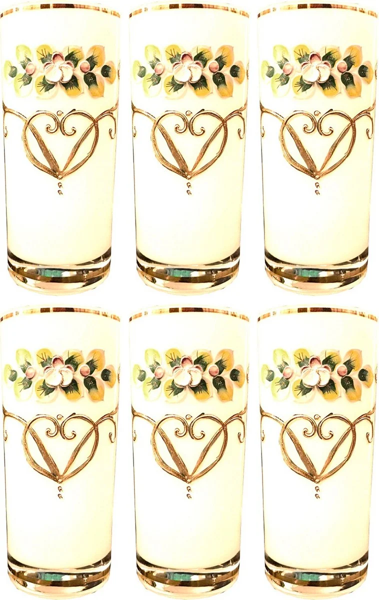 Casa Padrino Luxus Jugendstil Wasserglas 6er Set Weiß / Mehrfarbig / Gold - Handgefertigte und handgravierte Wassergläser mit 24 Karat Vergoldung - Hotel & Restaurant Accessoires