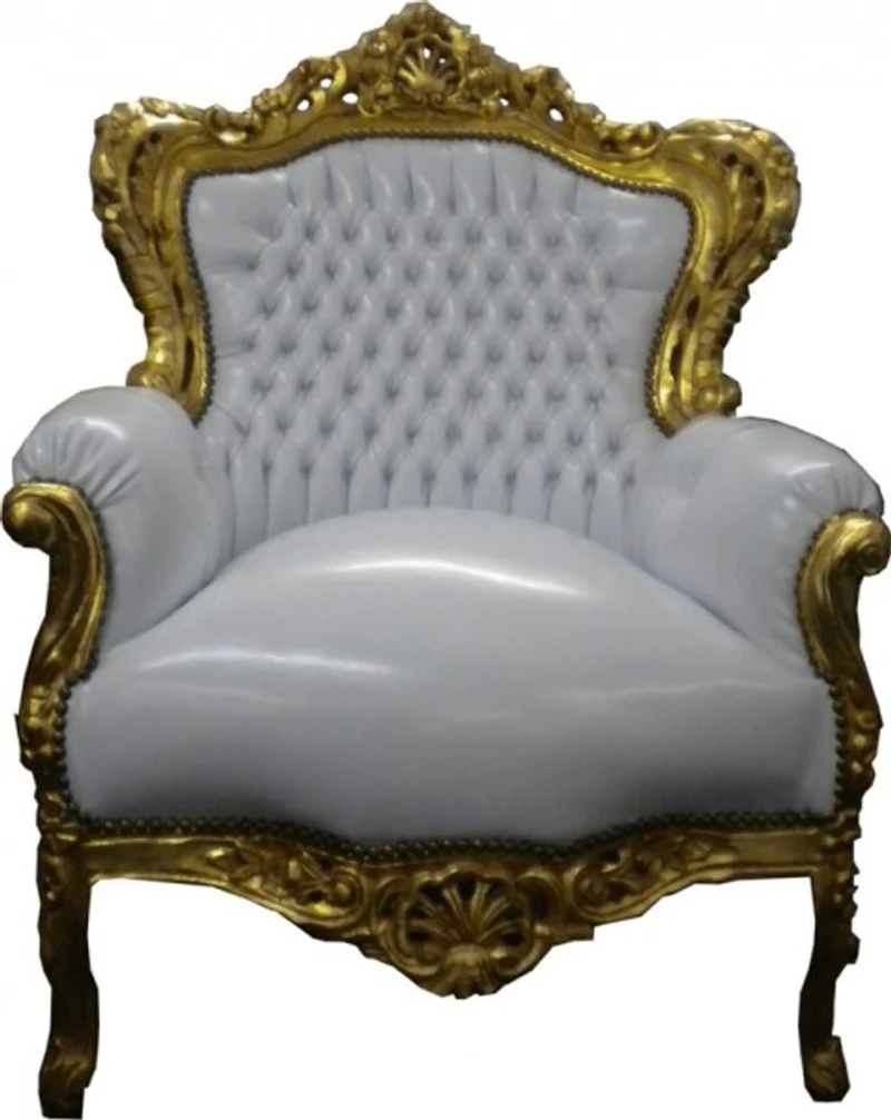 Casa Padrino Barock Sessel King in Weiß und Gold - Prunkvoller Armlehnstuhl aus Massivholz in Lederoptik - 120 x 85 x 85 cm