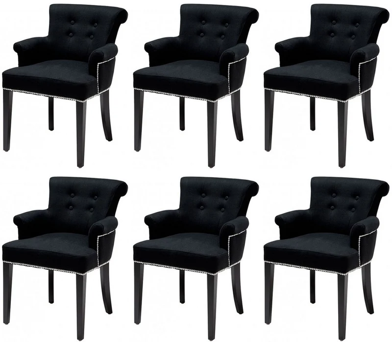 Casa Padrino Luxus Esszimmerstuhl 6er Set Schwarz - Massivholz Küchenstühle mit Armlehnen und edlem Samtstoff - Luxus Esszimmer & Restaurant Möbel