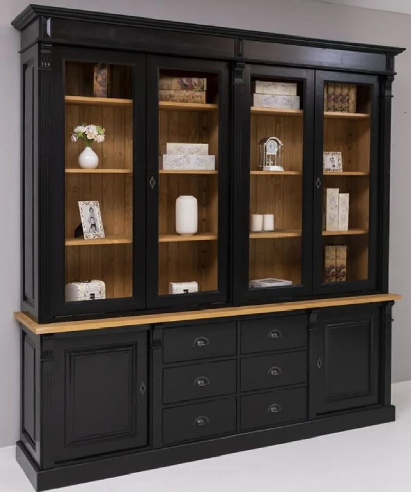 Casa Padrino Landhausstil Massivholz Schrank Schwarz / Naturfarben 223 x 51 x H. 228 cm - Bücherschrank - Regalschrank - Landhausstil Massivholz Möbel