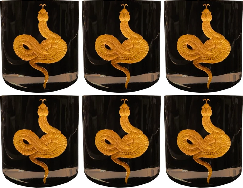 Casa Padrino Luxus Whisky Glas 6er Set Schlange Schwarz / Gold Ø 8 x H. 9 cm - Handgefertigte und handgravierte Whiskygläser- 24K Vergoldung - Luxus Qualität