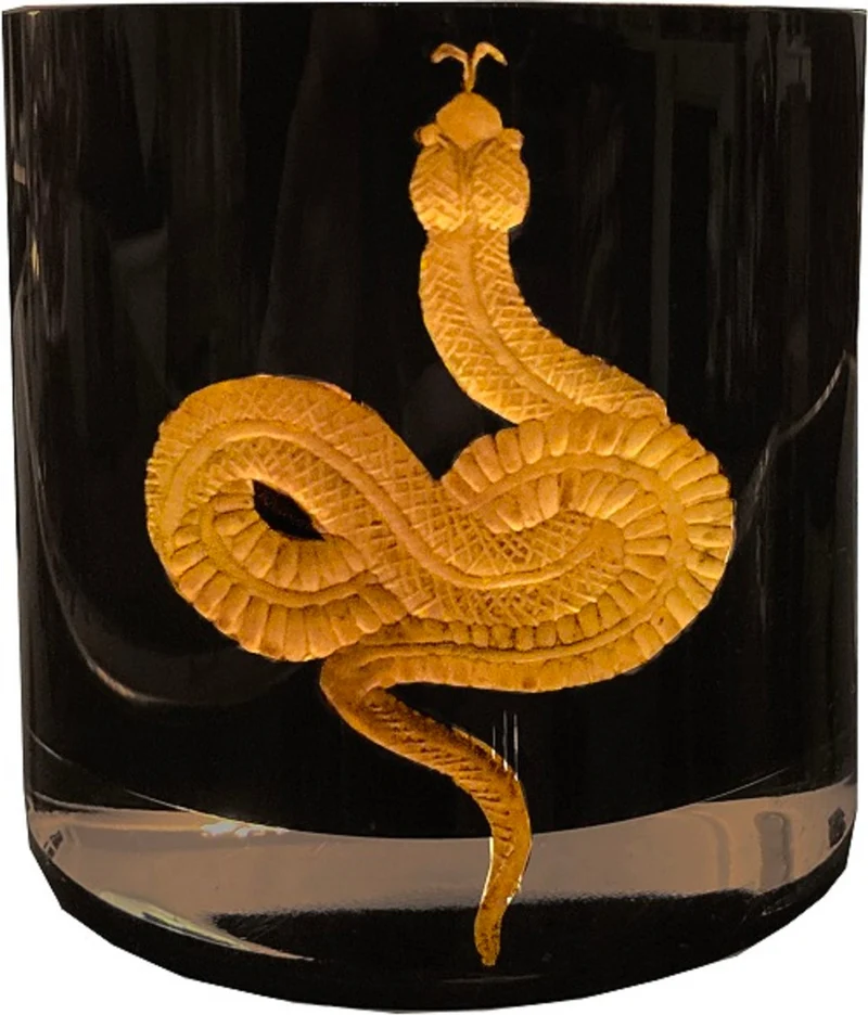 Casa Padrino Luxus Whisky Glas 6er Set Schlange Schwarz / Gold Ø 8 x H. 9 cm - Handgefertigte und handgravierte Whiskygläser- 24K Vergoldung - Luxus Qualität