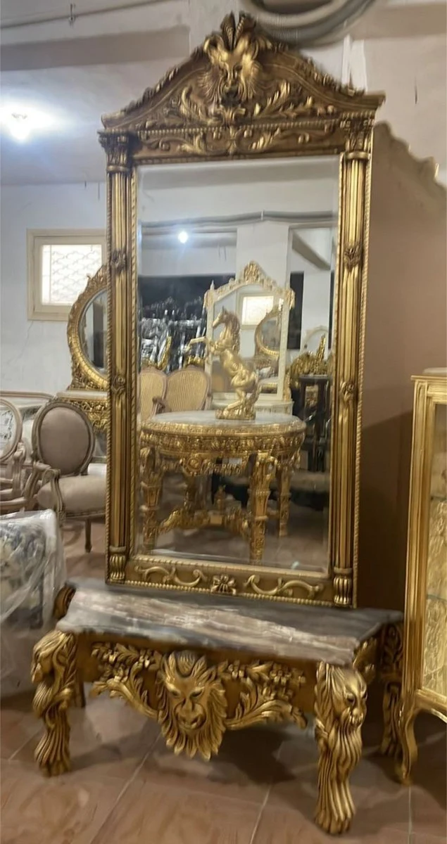 Casa Padrino Barock Spiegelkonsole mit Marmorplatte Gold / Grau - Barock Konsole mit Spiegel - Barock Möbel - Edel & Prunkvoll
