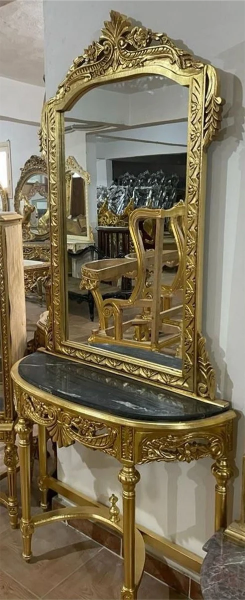 Casa Padrino Barock Spiegelkonsole mit Marmorplatte Gold / Schwarz - Handgefertigte Barock Konsole mit Spiegel - Prunkvolle Barock Möbel