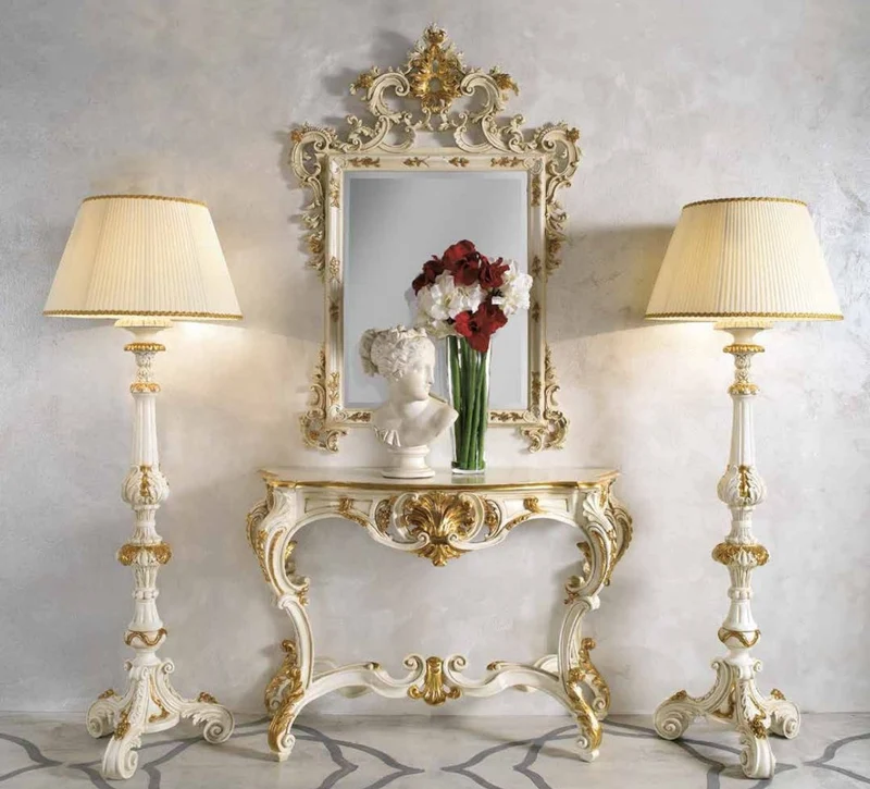 Casa Padrino Luxus Barock Spiegelkonsole Elfenbeinfarben / Gold - Prunkvolle Barock Konsole mit Wandspiegel - Barock Hotel & Schloß Möbel - Luxus Qualität - Made in Italy