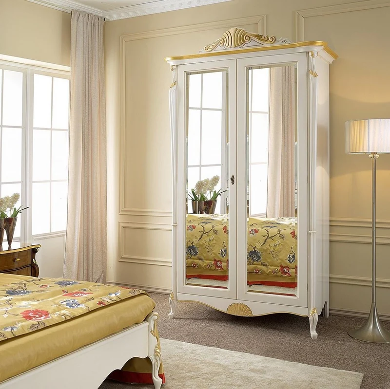 Casa Padrino Luxus Barock Schlafzimmerschrank Weiß / Gold - Handgefertigter Mahagoni Kleiderschrank mit 2 verspieglten Türen - Barock Schlafzimmer Möbel - Luxus Qualität - Made in Italy